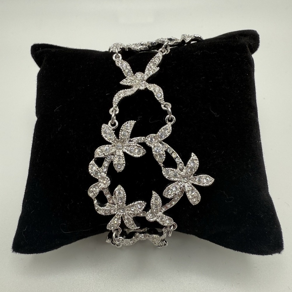 925 Sterling Silver Floral Link‎ Bracelet Rhinestone Sparkle Design Elegant